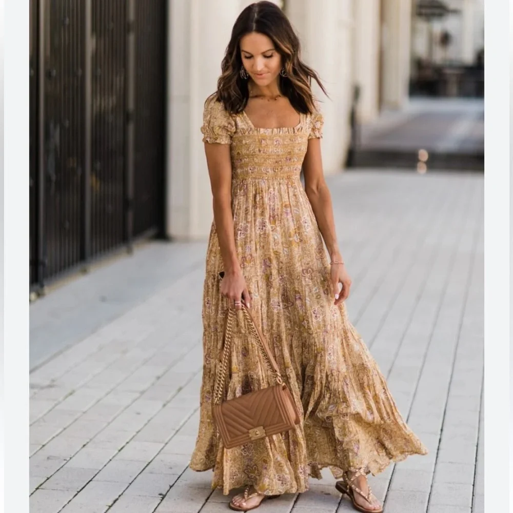 Free People getaway babydoll ruched Mustard tiered Floral Maxi Dress S